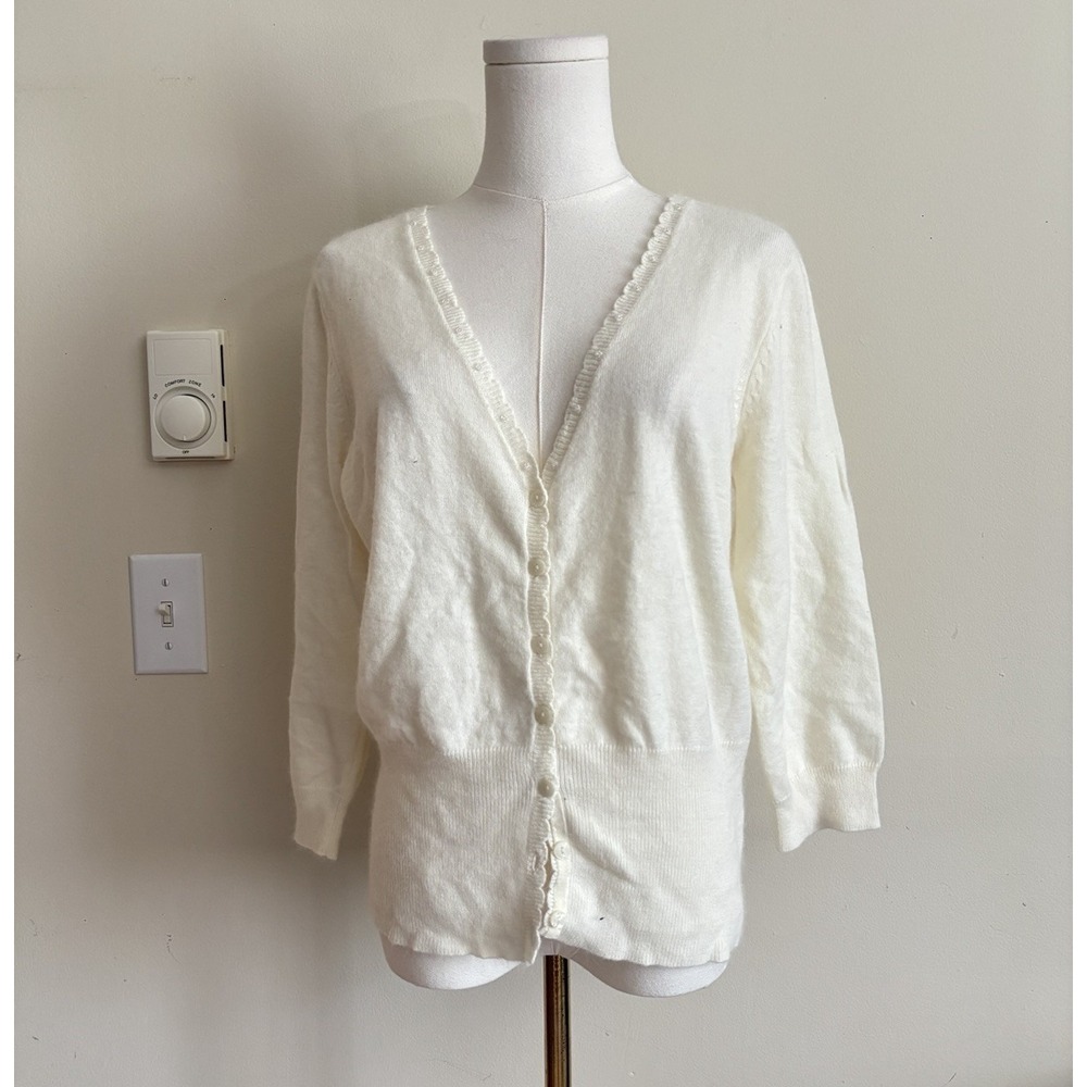 Old Navy Womens Small Slim Fit Cardigan Sweater Y2K Ivory Cream Beaded Angora